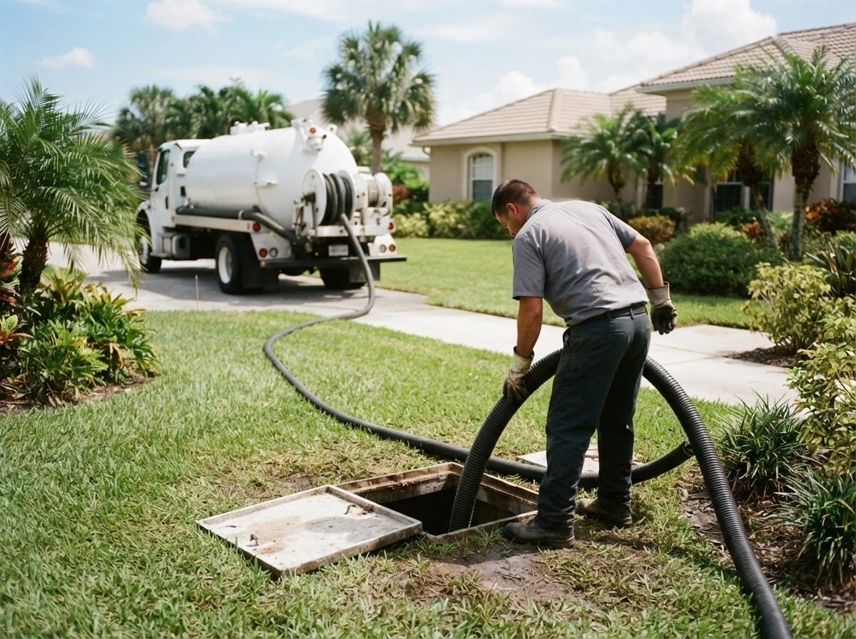 A technician guiding a vacuum hose into an open septic tank access on a lawn
