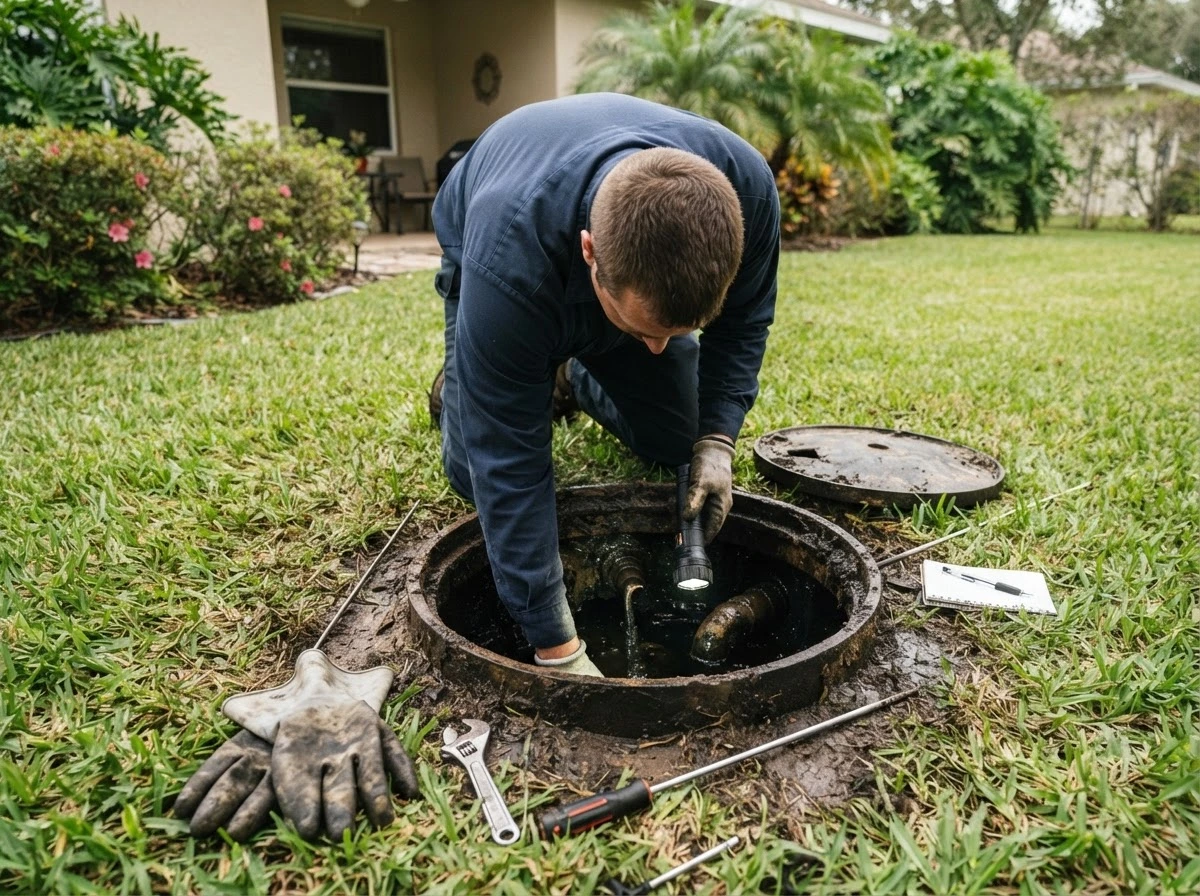A septic tank access lid in a residential yard